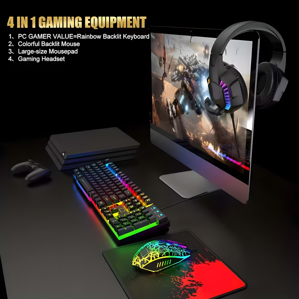 4-in-1 Gaming Combo Wired Keyboard, Mouse, Headset & Mouse Pad